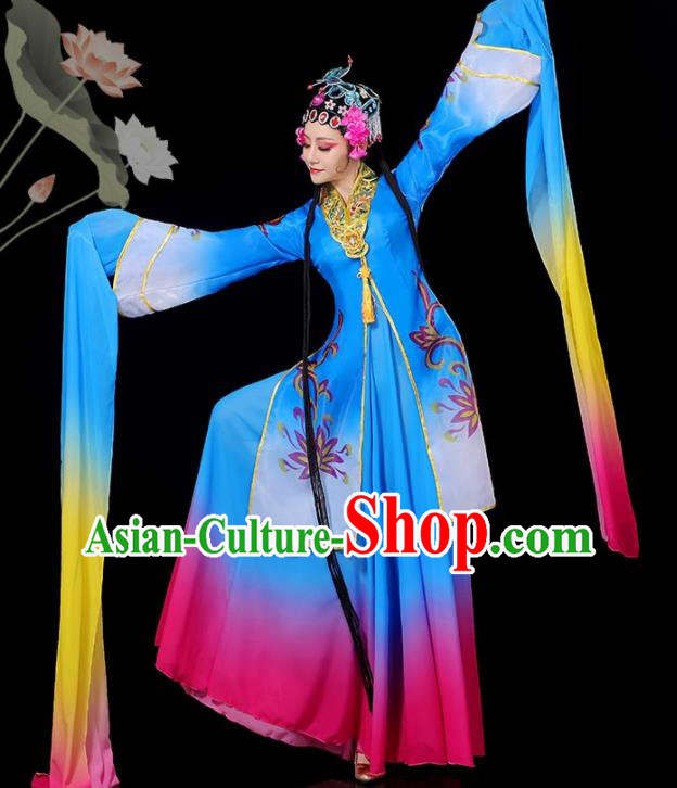 Chinese Opera Dance Clothing Classical Dance Costumes Water Sleeve Dance Garment Women Group Dance Blue Dress