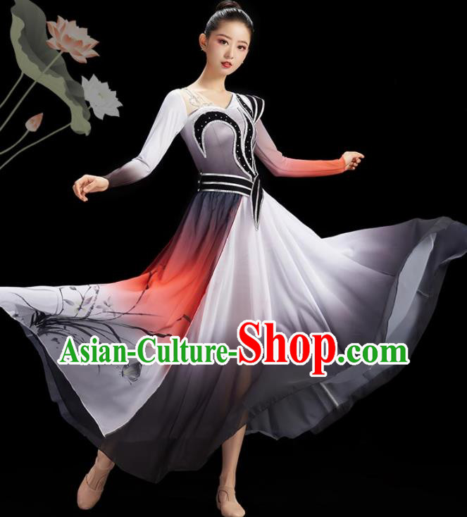 Chinese Classical Dance Costumes Ink Painting Orchids Garment Women Umbrella Dance Grey Dress Fairy Dance Clothing