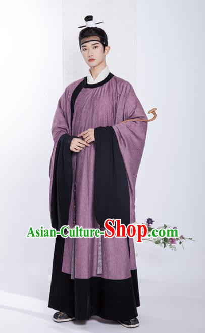 Chinese Ancient Scholar Clothing Traditional Hanfu Violet Robe Ming Dynasty Taoist Garment Costumes