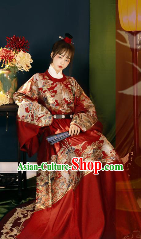 Chinese Ming Dynasty Garment Costumes Ancient Queen Clothing Traditional Hanfu Red Brocade Robe for Women