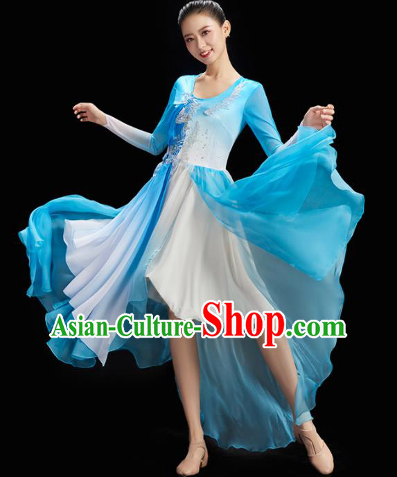 China Umbrella Dance Costume Stage Performance Garment Classical Dance Clothing Women Group Dance Blue Dress