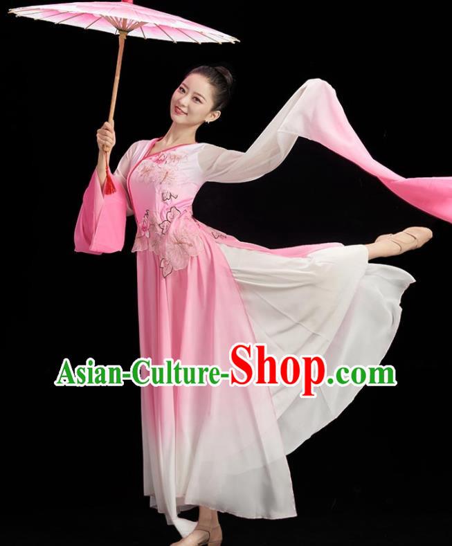 China Women Water Sleeve Dance Pink Dress Umbrella Dance Costume Stage Performance Garment Classical Dance Clothing