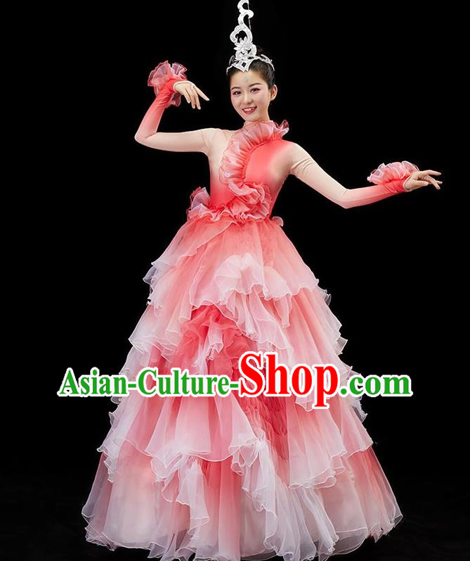 Chinese Modern Dance Pink Dress Flower Dance Garment Opening Dance Clothing Women Group Dance Costume