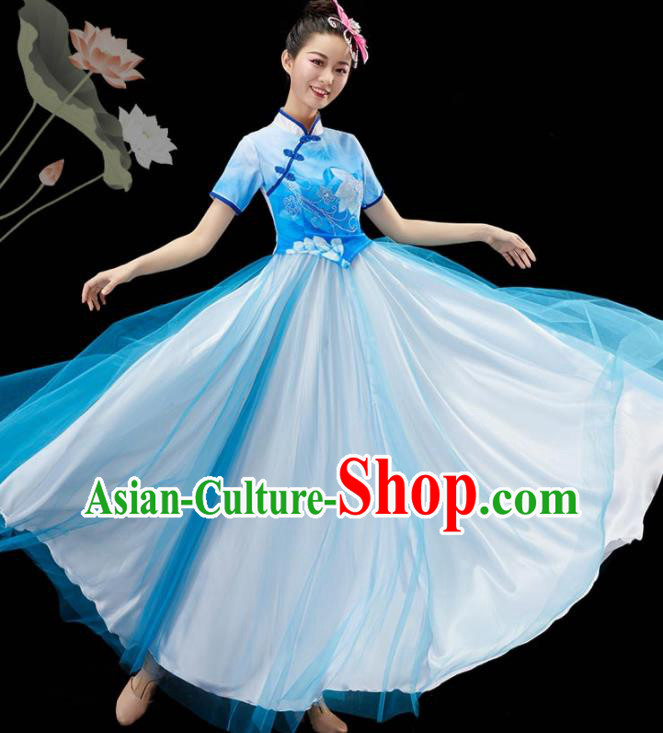 Chinese Classical Dance Clothing Women Chorus Group Costume Modern Dance Blue Dress Umbrella Dance Garment