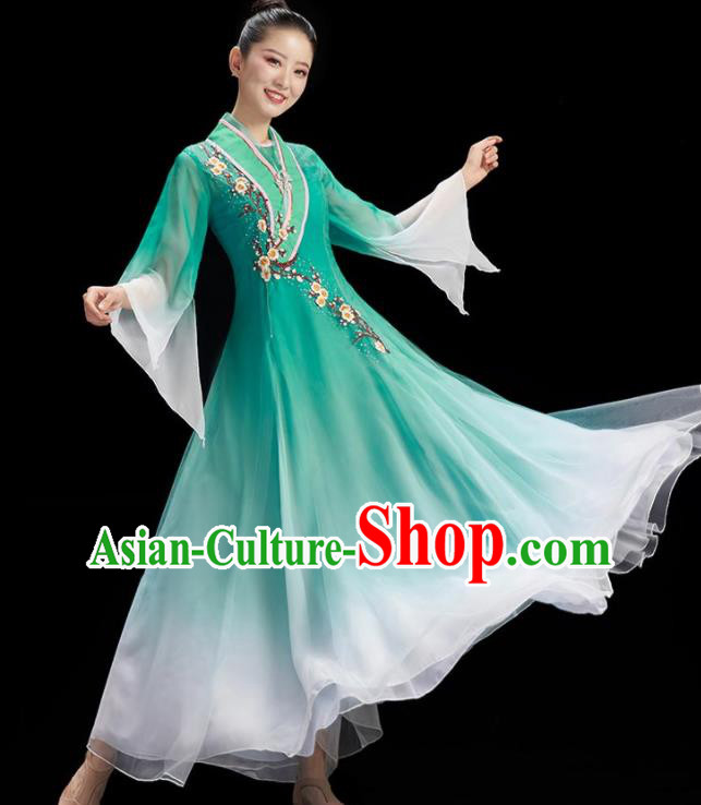 Chinese Women Group Dance Clothing Fan Dance Outfit Classical Dance Garment Costume Umbrella Dance Green Dress