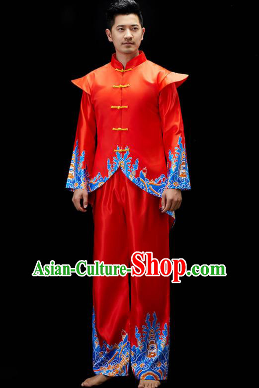 Chinese Drum Dance Clothing Men Folk Dance Costume Fan Dance Red Outfit Yangko Dance Garments