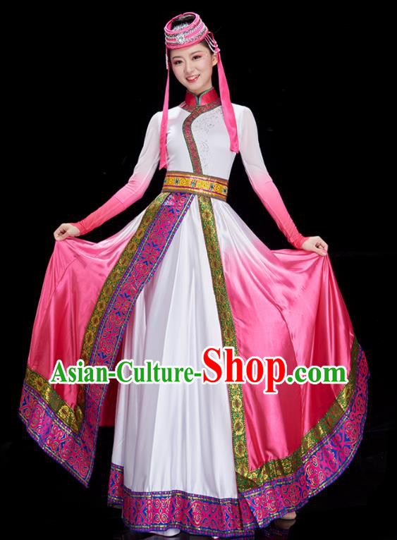 China Ethnic Costumes Mongol Nationality Dance Pink Dress Stage Performance Clothing Mongolian Women Garments