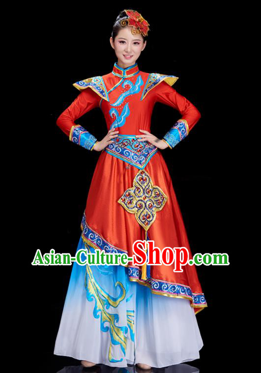 China Mongolian Women Garments Ethnic Costumes Mongol Nationality Dance Red Dress Stage Performance Clothing
