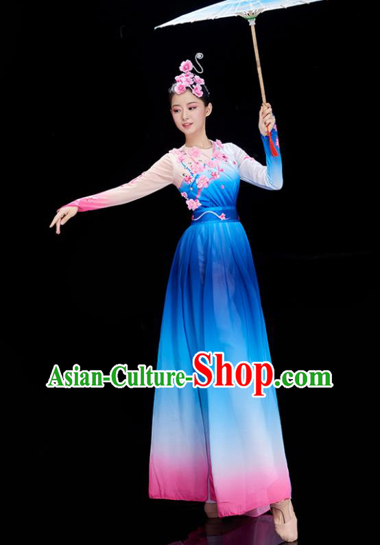 Chinese Women Group Dance Garments Classical Dance Costume Stage Performance Blue Dress Umbrella Dance Clothing