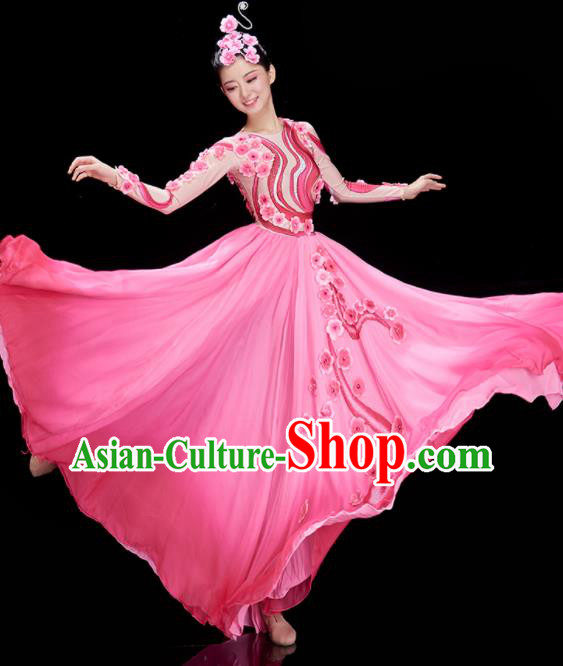 Chinese Umbrella Dance Clothing Women Group Dance Garments Classical Dance Costume Stage Performance Pink Flower Petals Dress