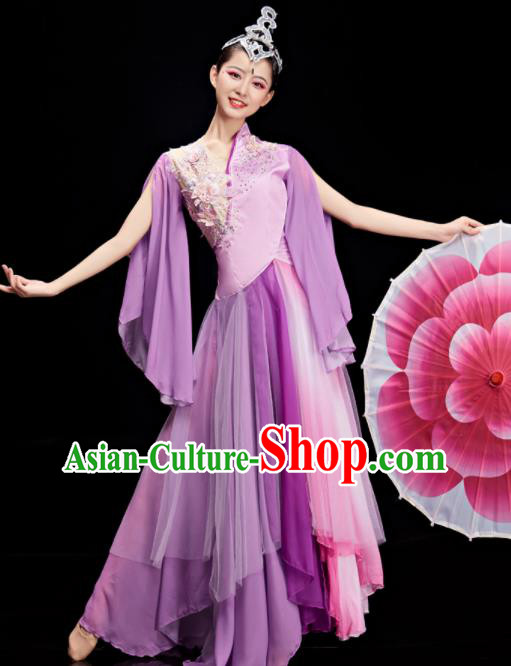 Chinese Stage Performance Purple Dress Outfit Umbrella Dance Clothing Women Group Dance Garments Classical Dance Costumes