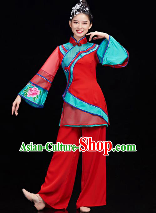 Chinese Women Yangko Dance Garments Folk Dance Costumes Stage Performance Red Outfit Umbrella Dance Clothing