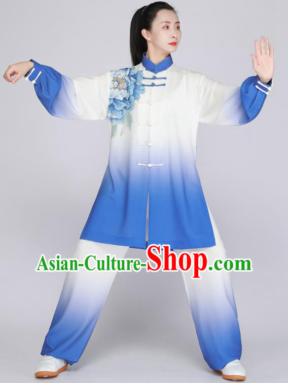 Top Tai Chi Outfit Chinese Kung Fu Costumes Tai Ji Training Blue Uniform Printing Peony Clothing