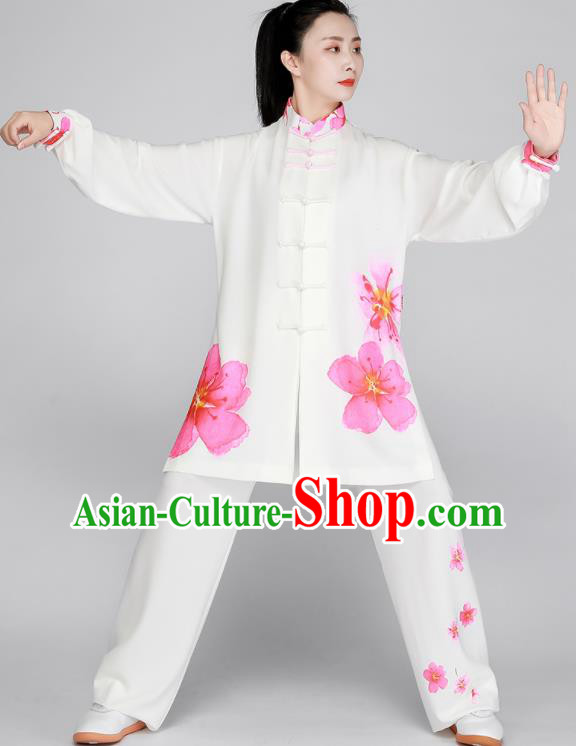 Top Printing Peach Blossom Clothing Tai Chi Outfit Chinese Kung Fu Costumes Tai Ji Training White Uniform