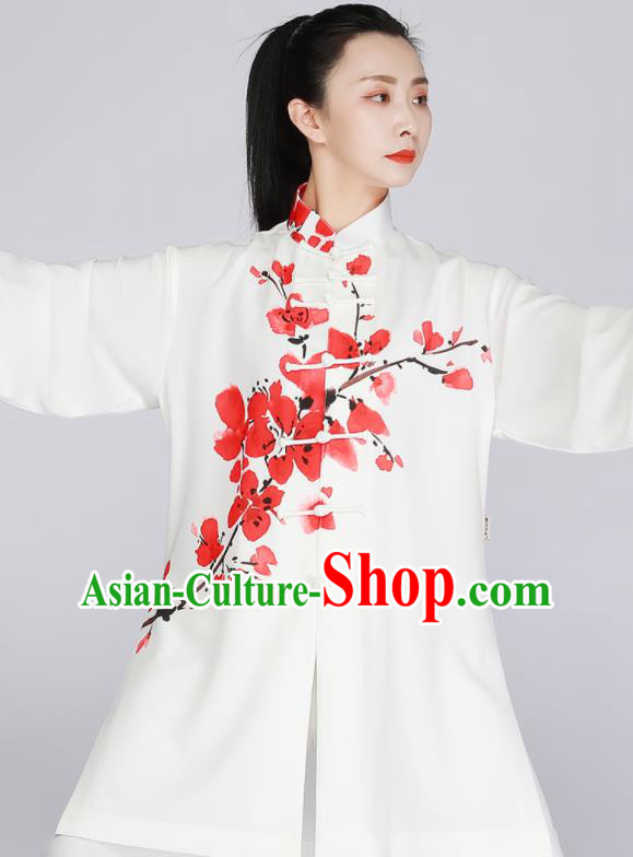 Chinese Printing Red Peach Blossom Outfit Tai Chi Training Outfit Kung Fu Costumes Tai Ji Competition White Uniform