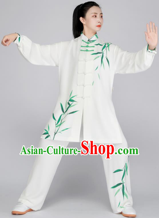 Chinese Tai Ji Competition White Uniform Printing Green Bamboo Leaf Outfit Tai Chi Training Outfit Kung Fu Costumes