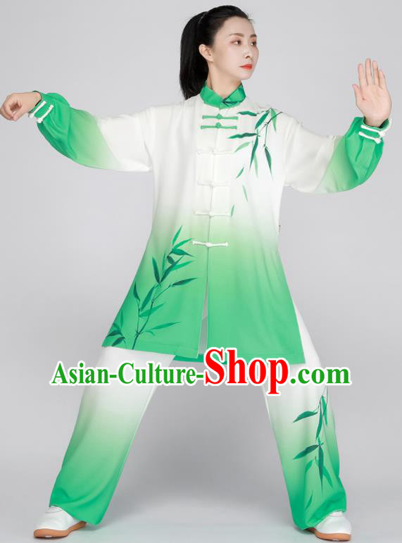 Chinese Kung Fu Costumes Tai Ji Competition Green Uniform Printing Bamboo Leaf Outfit Tai Chi Training Outfit