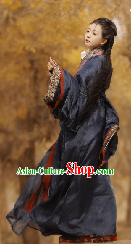 Chinese Han Dynasty Women Historical Costumes Traditional Navy Straight Front Robe Hanfu Clothing Ancient Palace Lady Garments