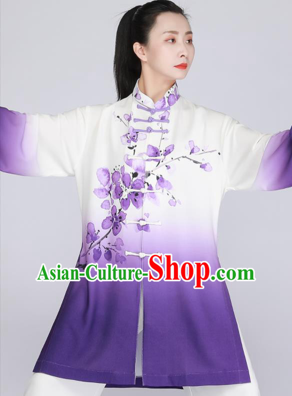 Chinese Printing Peach Blossom Gradient Purple Outfit Tai Chi Training Outfit Kung Fu Costumes Tai Ji Competition Uniform
