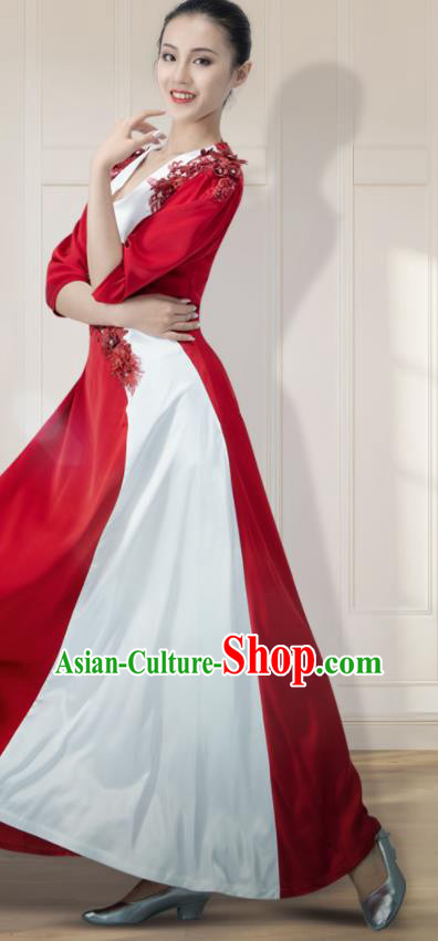 Chinese Modern Dance Wine Red Dress Opening Dance Clothing Women Compere Garment Chorus Group Performance Costume