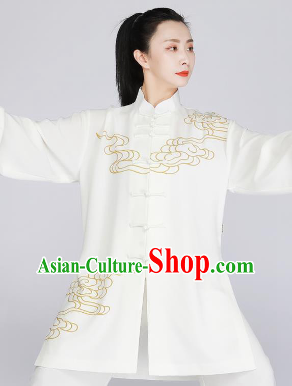 Chinese Tai Chi Training Outfit Traditional Kung Fu Costumes Tai Ji Competition White Uniform Printing Clouds Outfit