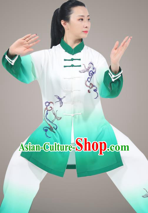 Top Kung Fu Costumes Chinese Tai Ji Training Uniform Martial Arts Competition Clothing Tai Chi Printing Crane Green Outfit