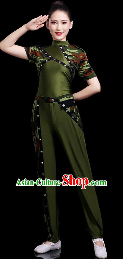 Chinese Female Soldier Dance Costume Modern Dance Green Suit Stage Performance Clothing