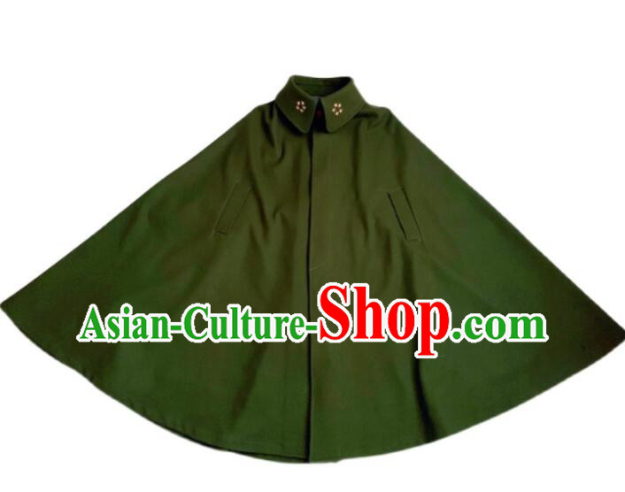 Chinese Woolen Cappa Soldiers Short Mantle Traditional Military Officer Green Shawl