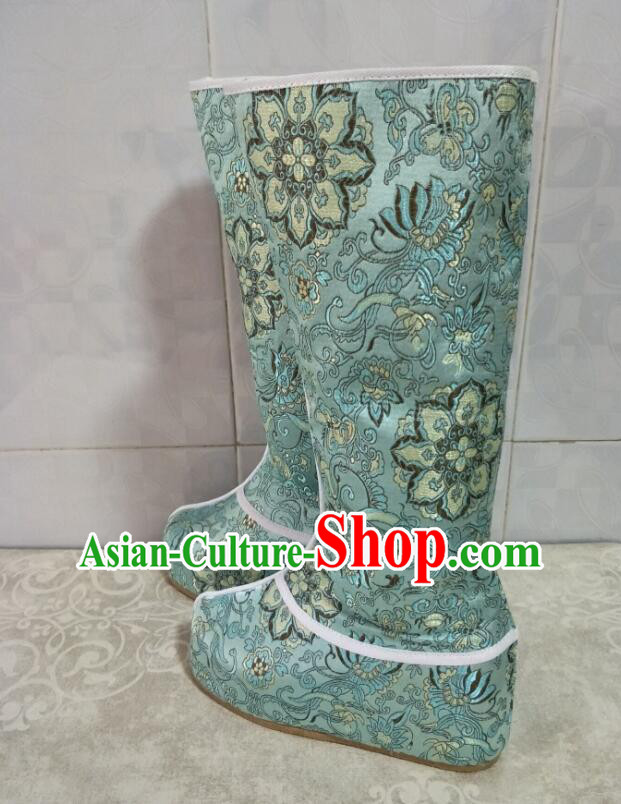 Chinese Hanfu Boots Traditional Green Satin Boots Handmade Shoes Ancient Princess Embroidered Boots