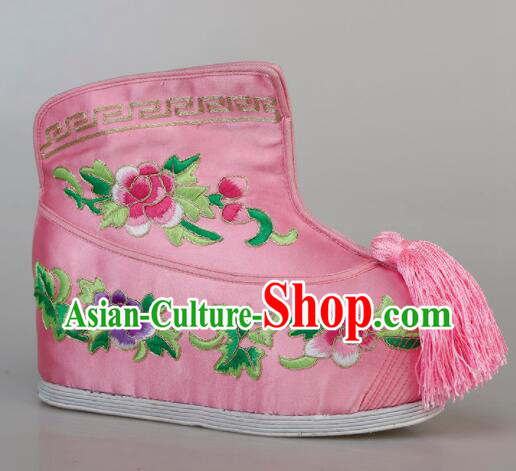 Chinese Traditional Opera Pink Satin Boots Handmade Shoes Ancient Princess Shoes Embroidered Hanfu Boots