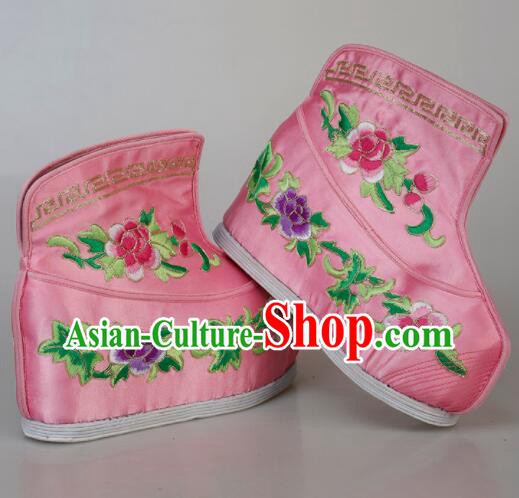 Chinese Traditional Opera Pink Satin Boots Handmade Shoes Ancient Princess Shoes Embroidered Hanfu Boots