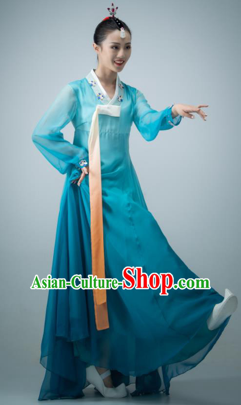 Chinese Women Stage Performance Costume Classical Dance Blue Dress Korean Nationality Dance Clothing
