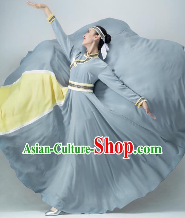 Chinese Classical Dance Clothing Mongol Nationality Stage Performance Costume Mongolian Women Dance Grey Dress