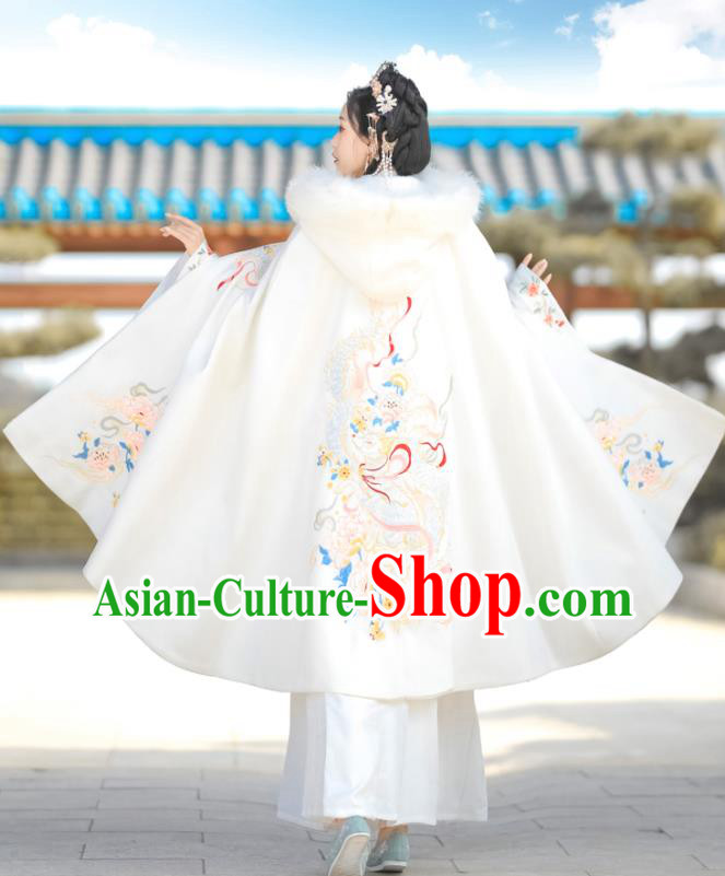 China Ming Dynasty Noble Lady Embroidered Cloak Clothing Ancient Princess Garment Costume Traditional Hanfu White Woolen Mantle