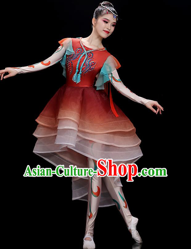 China Stage Performance Garments Modern Dance Clothing Opening Dance Red Dress Outfit Umbrella Dance Costumes