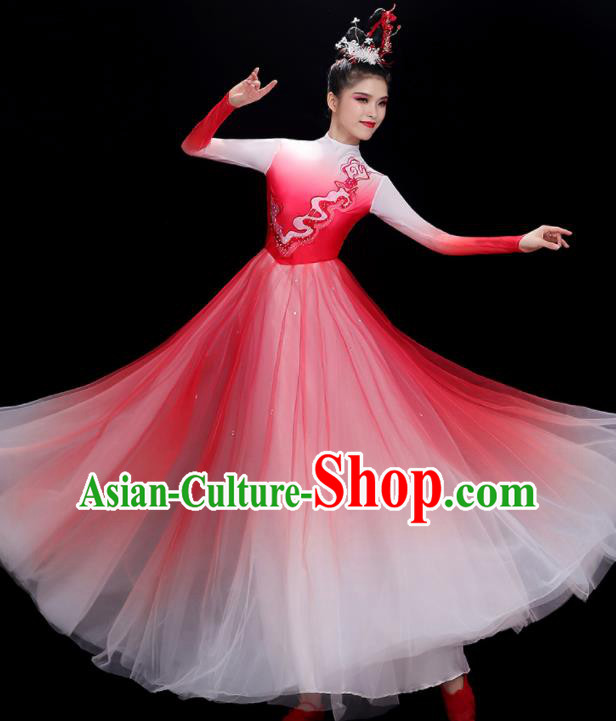 China Stage Performance Garments Modern Dance Clothing Opening Dance Megenta Dress Women Chorus Costume