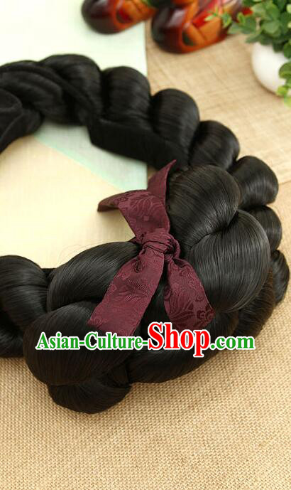Korean Handmade Hanbok Black Hair Piece Court Bride Headdress Traditional Women Braid Wig