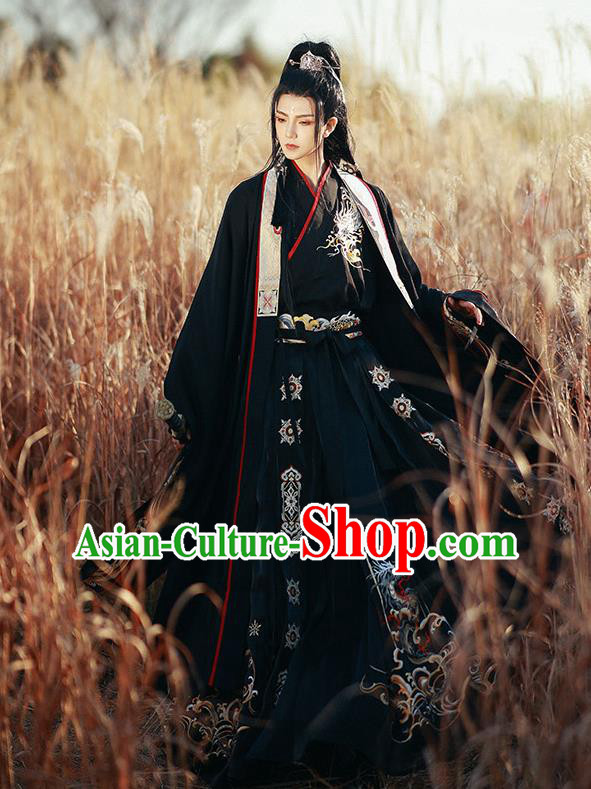 Chinese Traditional Embroidered Hanfu Robe Jin Dynasty Young Childe Garment Costumes Ancient Swordsman Black Clothing
