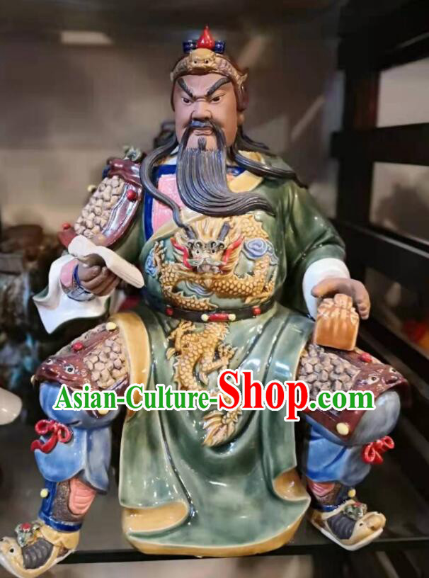 Chinese Shi Wan Ceramic Figurine Guan Yu Porcelain Statue Arts Handmade Guan Gong Night Reading Sculpture