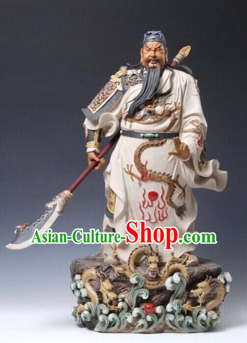 24 inches Shi Wan Ceramic Figurine Handmade Guan Yu Statue Arts Chinese Guan Gong Porcelain Sculpture