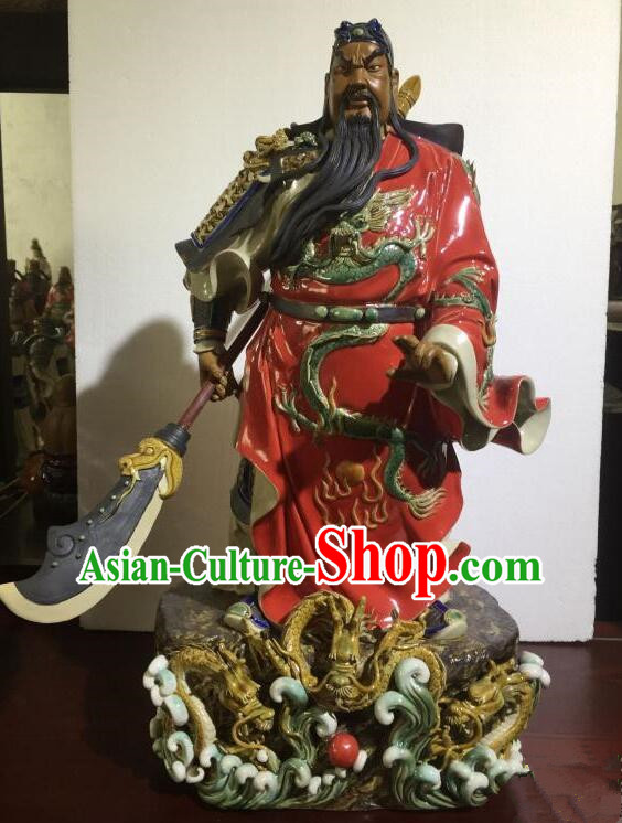 Chinese Porcelain Guan Gong Sculpture 24 inches Shi Wan Ceramic Figurine Handmade Guan Yu Statue Arts