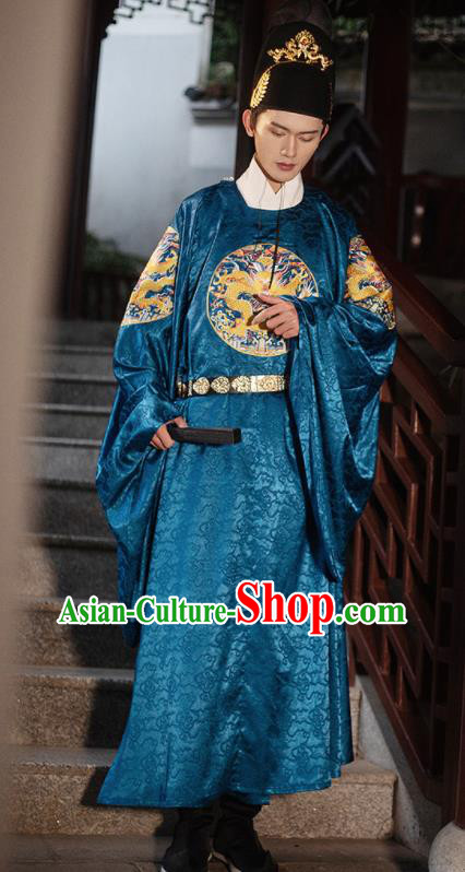 China Ming Dynasty Emperor Garment Costumes Ancient Embroidered Dragon Blue Robe Traditional Hanfu Clothing