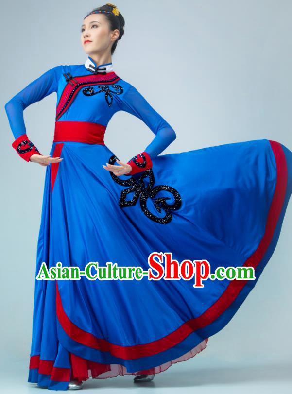 Chinese Mongol Nationality Dance Costume Mongolian Dance Deep Blue Dress Stage Performance Garment Woman Dance Clothing