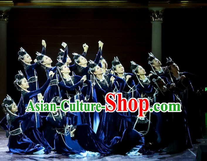 Chinese Women Group Dance Dark Blue Velvet Dress Mongolian Dance Garment Mongol Nationality Dance Clothing Stage Performance Costume