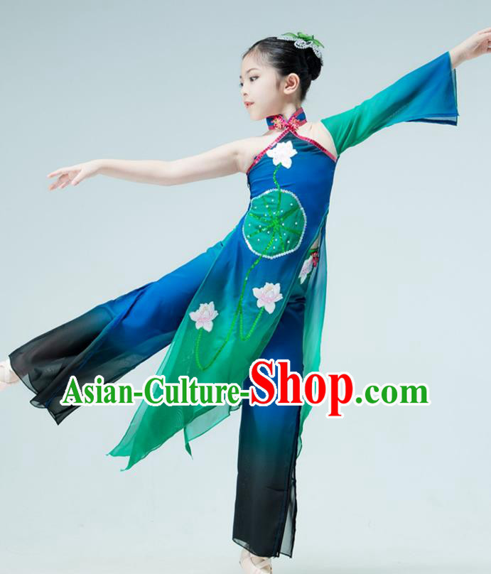 Chinese Stage Performance Costume Children Umbrella Dance Green Dress Lotus Dance Garment Classical Dance Clothing