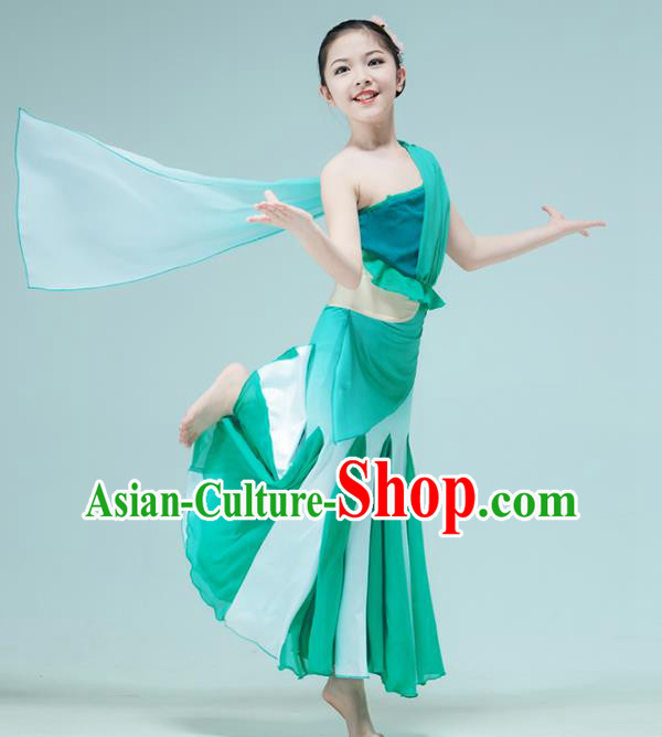 Chinese Children Peacock Dance Green Dress Dai Nationality Dance Garment Classical Dance Clothing Stage Performance Costume