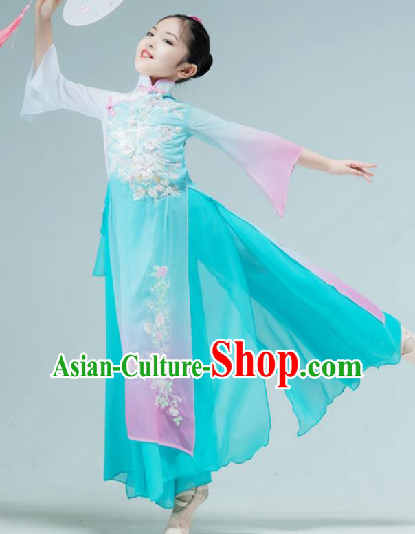 Chinese Children Fan Dance Clothing Stage Performance Costume Umbrella Dance Green Dress Outfit Classical Dance Garment