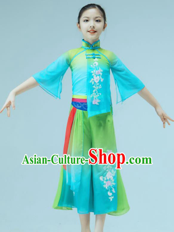 Chinese Yangko Dance Garment Children Dance Clothing Stage Performance Costume Folk Dance Green Outfit