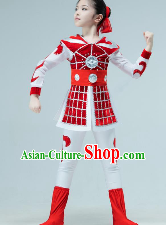 Chinese Stage Performance Costume Hua Mulan Dance Red Outfit Classical Dance Garment Children Warrior Dance Clothing