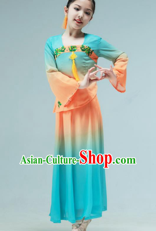 Chinese Classical Dance Dress Fan Dance Blue Outfit Children Dance Clothing Stage Performance Costume